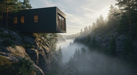 Modern cabin perched on a cliff overlooking a misty valley