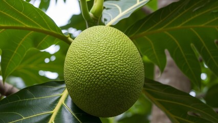 A breadfruit hangs from a tree surrounded by large textured green leaves with yellow veins The fruit has a knobby spherical surface