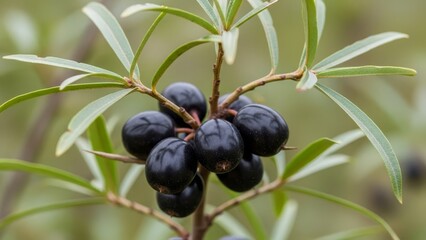 A branch bearing a cluster of dark shiny berries surrounded by slender green leaves and small thorns