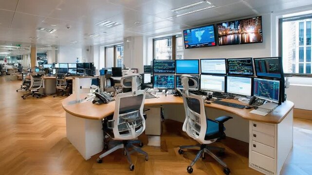 Financial Hub's Operational Vista: Modern office with cutting-edge technology, highlighting an analytical atmosphere ideal for financial strategy.