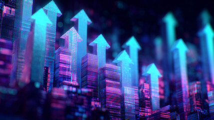 Fototapeta premium Abstract digital city formed by data bars and upward arrows representing digital economy financial growth and future business development. 