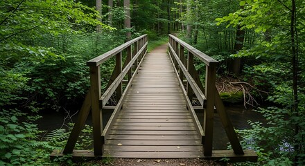 Wooden Bridge Through Lush Green Forest - A Tranquil Escape.