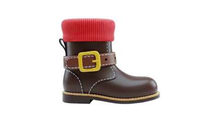 Brown boot with red cuff and yellow buckle