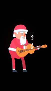 2d animation of Santa Claus playing on guitar, video with alpha channel transparent background