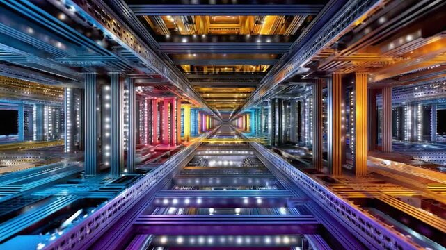 Illuminating Tunnel: A vibrant, multi-colored corridor of intricate architectural design, creating a sense of futuristic journey or exploration, highlighting advanced structural technology.