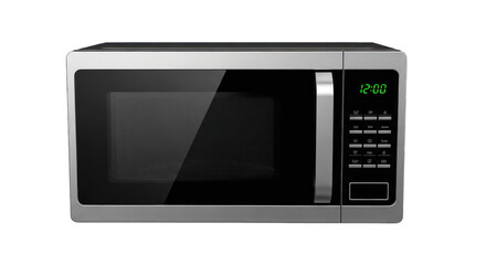 Obraz premium Modern stainless steel microwave oven with digital display against a black backdrop