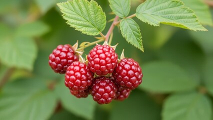 A cluster of ripe red raspberries hangs amidst vibrant green foliage The berries are tightly packed and glistening