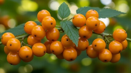 A cluster of vibrant orange berries with dark spots interspersed with green serrated leaves set against a blurred green background