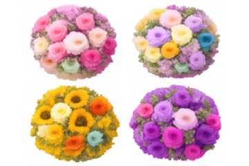 Colorful floral bouquets with roses and sunflowers offering vibrant beauty, celebration, and joy on transparent background