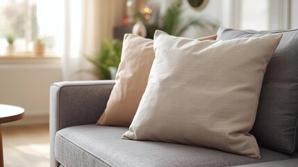 Cozy neutral living room sofa with textured pillows and sunlit window