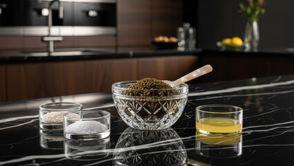 A crystal bowl of caviar with a mother of pearl spoon set with bowls of salt and lemon sits atop a marble countertop in a luxury kitchen