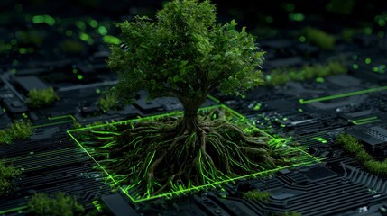 A vibrant, verdant tree thrives amidst an intricate circuit board, symbolizing growth and digital connection. Green square highlights