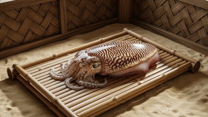 A cuttlefish lies on a bamboo mat in a textured corner setting