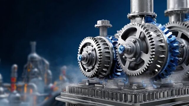 Mechanical Marvel: Intricate gears interlock in a display of industrial precision, forming a powerful machine. The image highlights the efficiency of technological advancement. 