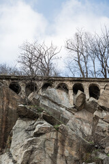 Old ruins in the rocks with sky and clouds on Markovo tepe. Plovdiv