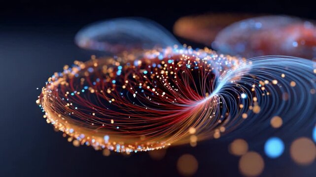 Swirling Digital Data: An abstract representation of interconnected data streams, visualized as radiant, flowing lines and luminous particles.