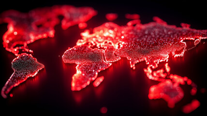 A red glowing world map formed by data points illustrating global connectivity, digital networks and international systems.
