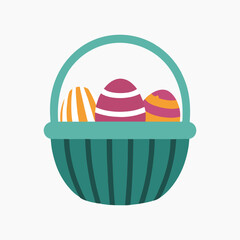 Easter eggs in a green basket colorful vector illustration isolated on white background.