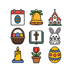 Easter including church, bell, eggs, basket, bunny and candle bundle vector illustration isolated on white background.