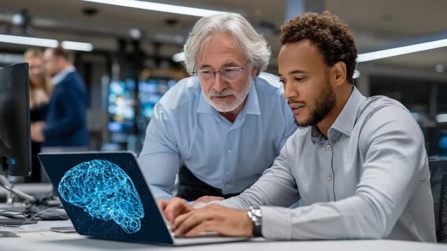 Brainstorming in the Lab: A dynamic duo of professionals, immersed in thought, collaborates over a laptop, brainstorming solutions to complex challenges.