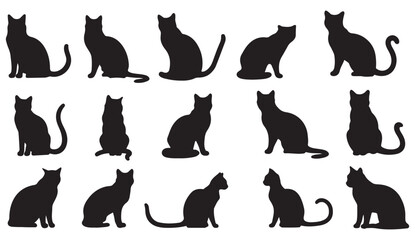 cat silhouettes illustration, pet animal poses, feline character artwork, domestic cat icons, playful cat design, black cat collection, animal silhouette set, cute pet illustration, cat behavior artwo © dhruvik