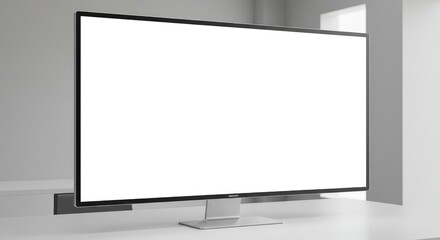 Fototapeta premium Modern computer monitor on a white desk in a minimalist room