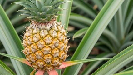 Fototapeta premium A pineapple fruit with yellow and brown scalelike structures sits on a green plant with long pointed leaves