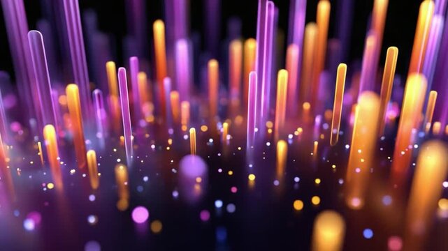 Digital Luminescence: Abstract depiction of light pillars and scattered orbs, radiating vibrant colors, that suggests innovation. 