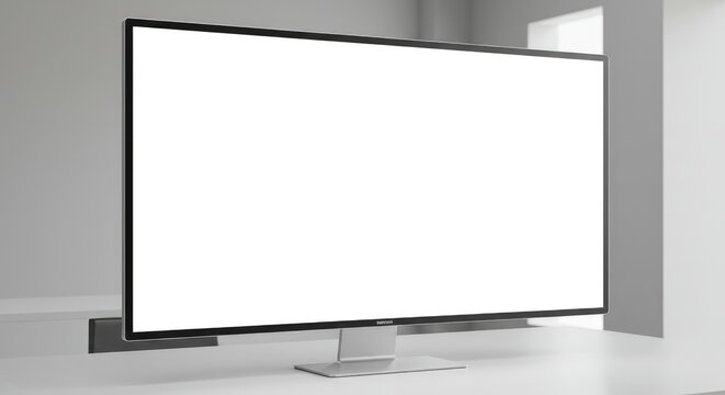 Modern computer monitor on a white desk in a minimalist room - Powered by Adobe