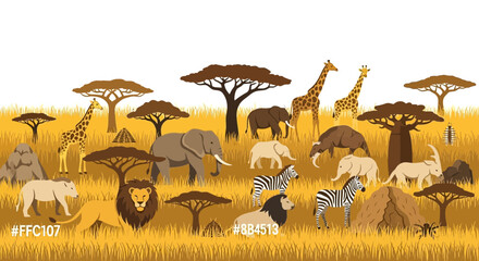 African safari landscape featuring various animals such as lions and giraffes in the savannah © punduh