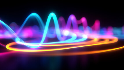 Colorful flowing energy waves creating an abstract technology concept symbolizing data interaction and digital creativity.
