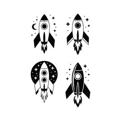 Four black and white of rockets launching into space with stars moon vector illustration isolated on white background.