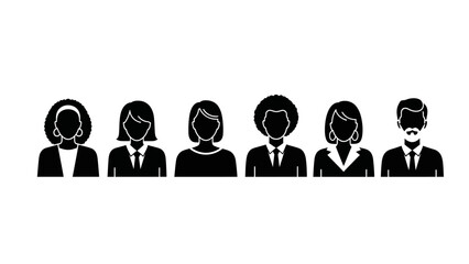 A diverse group of six professional business people represented by black silhouette icons on a white background.