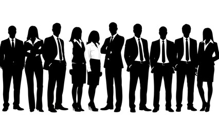 A diverse group of business professionals standing in a line, silhouetted against a white background.