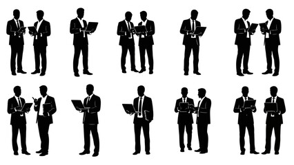 Silhouettes of businessmen in suits interacting with laptops and documents, showcasing professional collaboration and technology use.