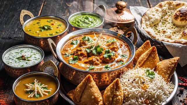 Assorted dishes displayed on table featuring rice curry and bread