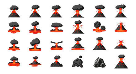 Fototapeta premium Collection of stylized volcano eruptions with flowing lava and smoke on white background