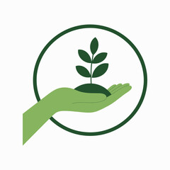 Green hand holding plant in soil within circle nature vector illustration isolated on white background.