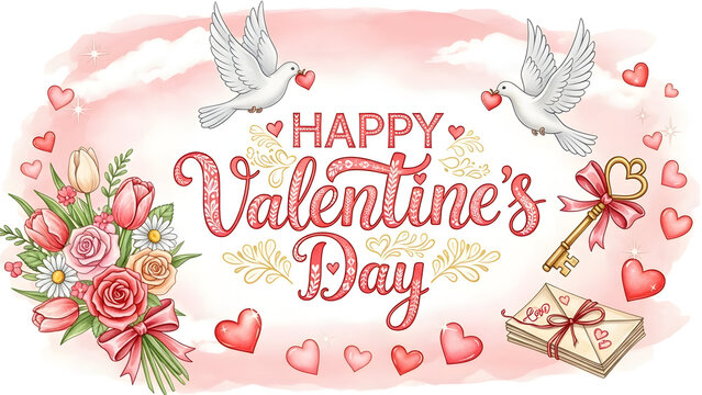 Happy valentine's day greeting with doves, flowers, and love symbols on a soft pink background - Powered by Adobe