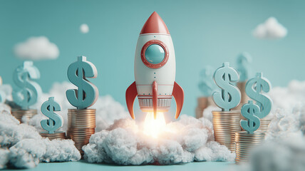 A startup rocket taking off among dollar symbols and stacked coins, representing financial growth investment success and business expansion.
