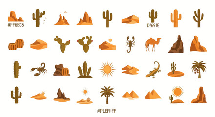 Desert themed vector icon set featuring cacti, sand dunes, animals, and desert landscapes © punduh