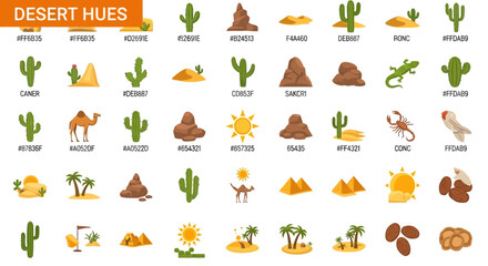 Fototapeta premium Desert-themed color palette with cacti, sand dunes, pyramids, and desert animals illustration