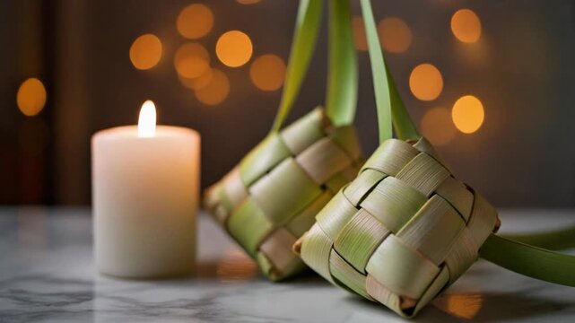 Ketupat woven rice cakes with lit candle on marble table with bokeh lights in background for hari raya celebration