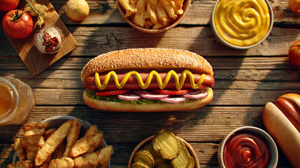 Overhead Shot of a Gourmet Hot Dog with Fresh Ingredients and Crispy Fries on a Rustic Wooden Table, Picnic Setting