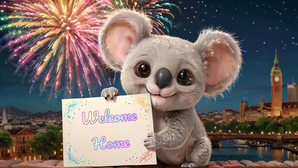 Welcome home greeting card with koala and colorful firework background.