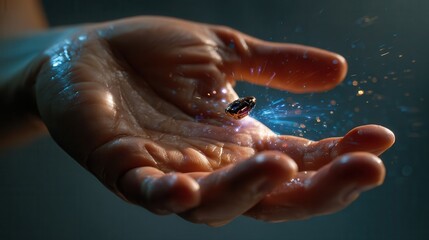 Hand holding sparkling microchip with glowing blue particles