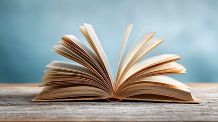 Close-up of an open, aged book with pages fanned out, resting on a textured wooden surface against a blurred blue backdrop