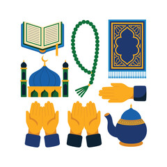 Islamic symbols and including mosque prayer mat, quran rosary hands and teapot muslim vector illustration isolated on white background.