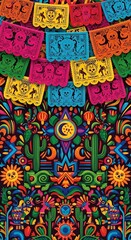 Vibrant cultural celebration pattern features colorful hanging paper banners above intricate folk art design