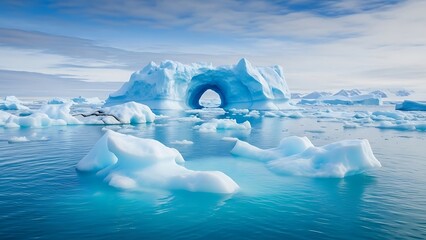 Iceberg with archway in bright blue ocean under cloudy sky water